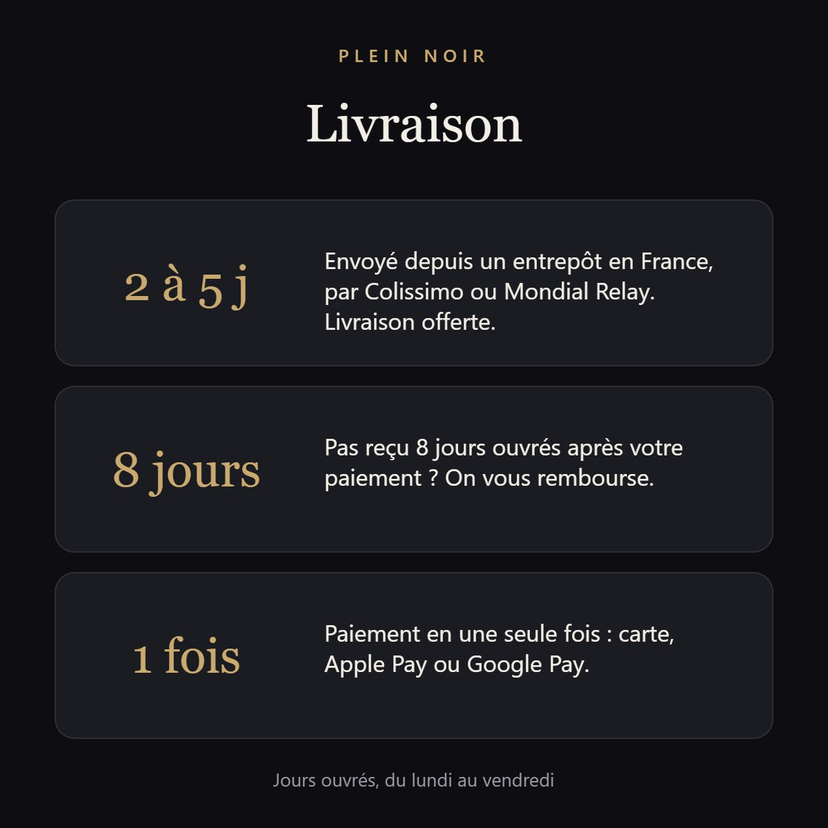 Livraison Plein Noir : envoyé de France en 2 à 5 jours ouvrés, remboursé si pas reçu sous 8 jours ouvrés