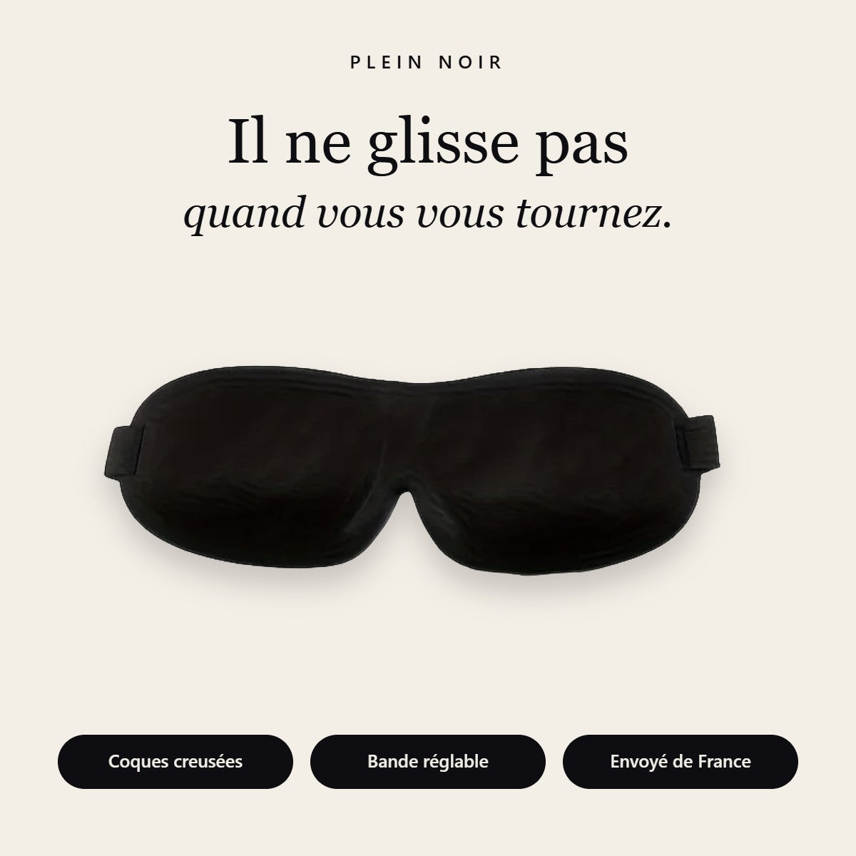 Masque de sommeil 3D Plein Noir qui ne glisse pas quand on dort sur le côté